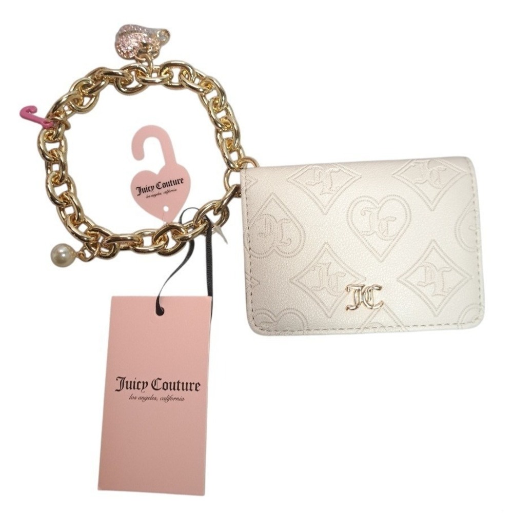 Juicy Couture Wristlet Wallet Beige Crystal Off White Top Notch CC Key Fob